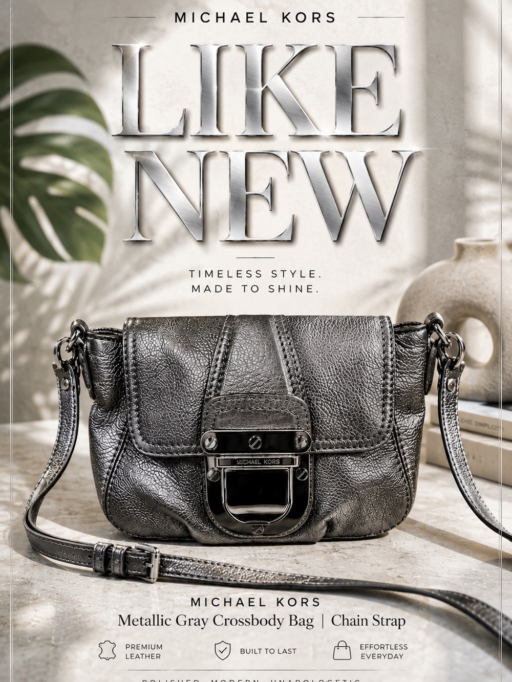 “Michael Kors Metallic Gray Crossbody Bag | Chain Strap | Night Out | Like New”